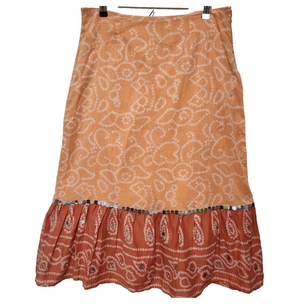 Bill Blass Jeans Women's Orange Paisly Broomstick Tiered Midi Skirt 14 Cotton